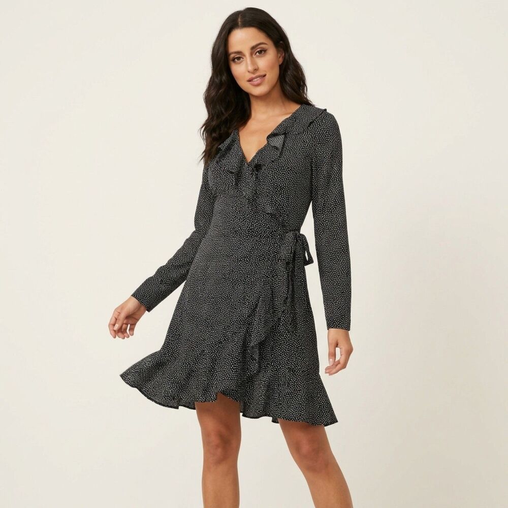 Club Monaco Black White Polka Dot Ruffle Wrap Silk Dress Size 8